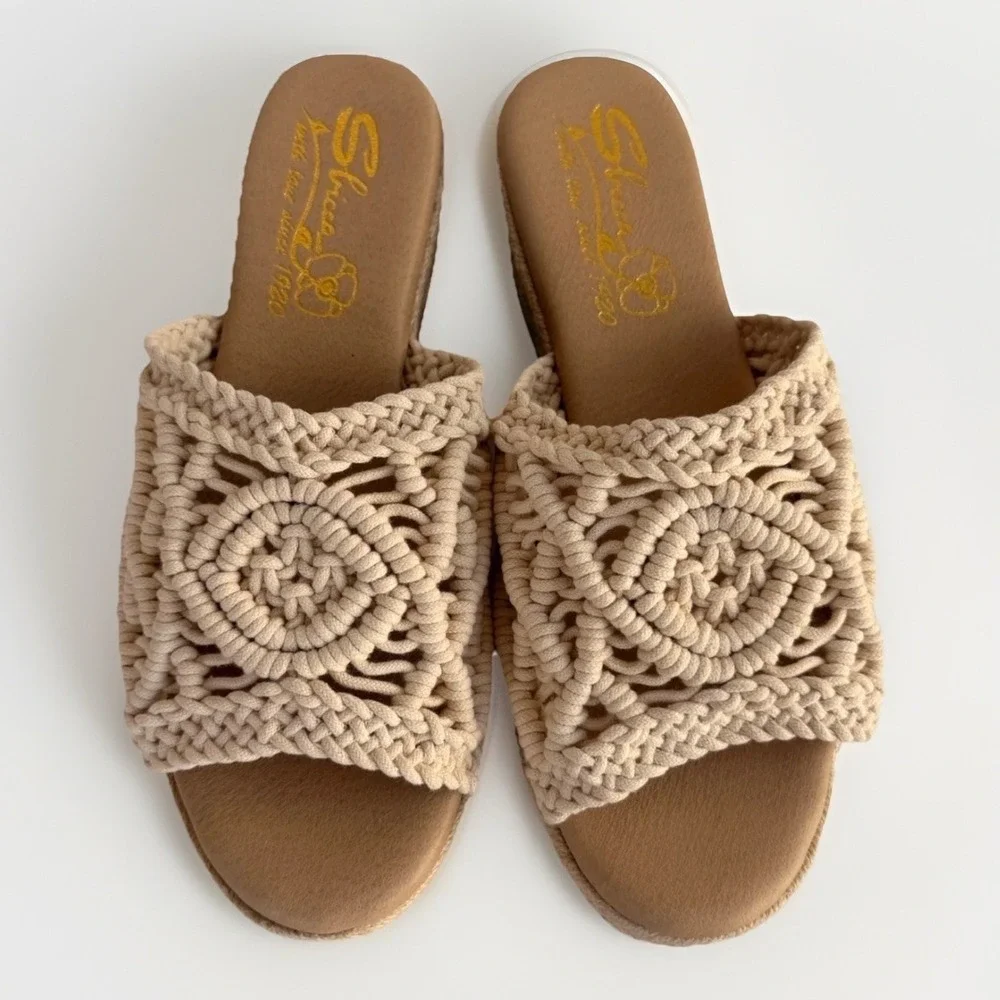 Sbicca Eureka Macrame Wedge Natural Beige Espadrille Size 9M Women Slide Sandals